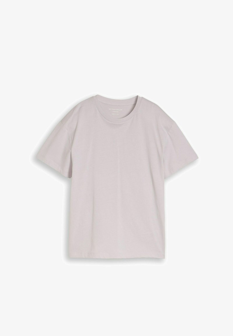 T-shirt gris clair à manches courtes et col rond, posé à plat, montrant l'avant avec une texture subtile du tissu et une coupe décontractée.