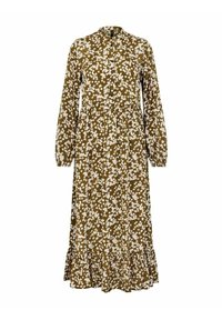 Långärmad olivgrön klänning med vitt blommönster, knäppning fram, rynkad midja och volangkant.