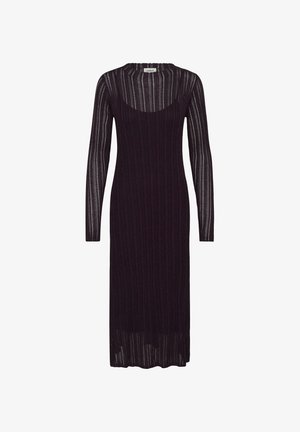 Pikad varrukad, ribakujuline kudum tumesinises värvitoonis, ümar dekoltee ja poolläbipaistev tekstuuriga kangas, millel on vertikaalsed triibud.