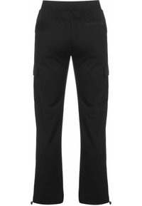 Zwarte cargobroek met een elastische tailleband, zijzakken en verstelbare zoom. Gladde textuur, recht ontwerp, veelzijdig voor verschillende activiteiten.
