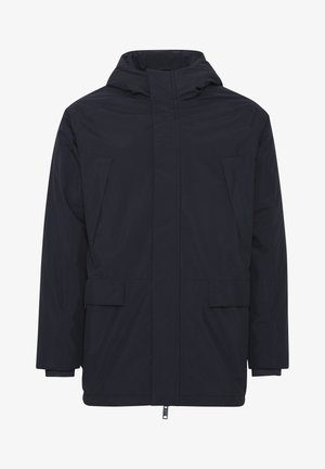 Marineblaue wasserdichte Jacke mit Kapuze, Frontreißverschluss und zwei großen Klappentaschen. Glatte Textur, leicht lockere Passform, minimalistisches Design.