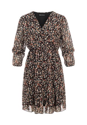 Czarna transparentna sukienka w kwiaty z długimi rękawami, elastyczną talią, dekoltem w serek i falbanką u dołu, ozdobiona małymi białymi i brązowymi kwiatami.