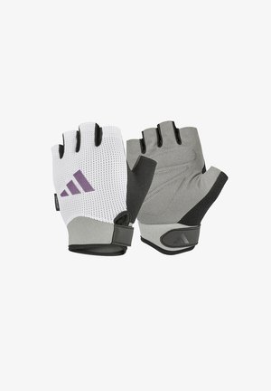 Fitness gloves in white and grey. Mesh top for breathability, padded grey palms, rubber wrist closure, and purple accent on the left glove.