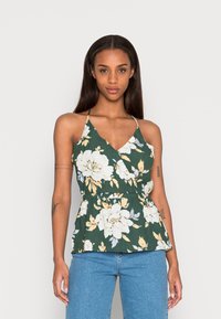Top peplum com estampa floral verde, decote em V, alças spaghetti ajustáveis e um tecido texturizado. Apresenta flores brancas e amarelas.