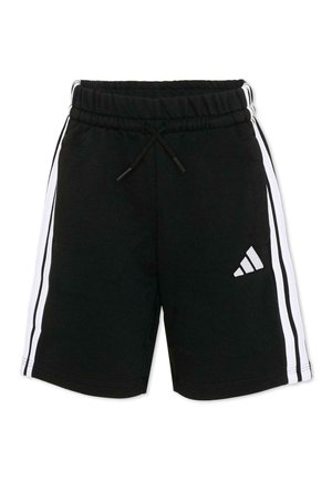 Shorts de sport noirs avec des bandes blanches sur les côtés, une taille élastique avec cordon de serrage, et un logo géométrique blanc sur la jambe gauche.