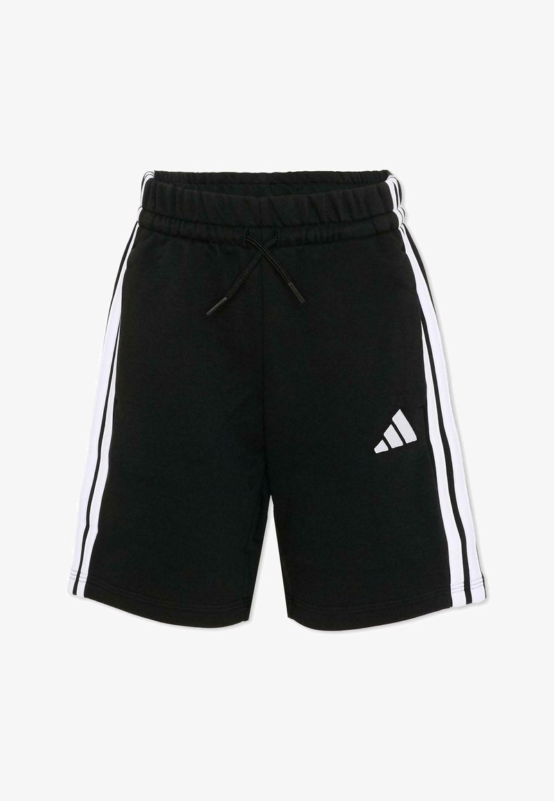 Shorts de sport noirs avec des bandes blanches sur les côtés, une taille élastique avec cordon de serrage, et un logo géométrique blanc sur la jambe gauche.