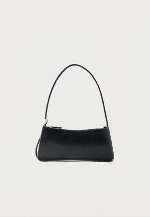 Black rectangular handbag with a thin strap and zipper closure, set against a plain white background.
