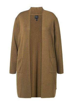 Langer, offen-front brauner Cardigan mit langen Ärmeln und vorderen Paspeltaschen, aus weichem Strickstoff gefertigt.