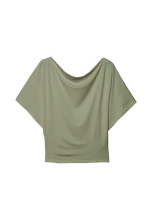 Blusa verde chiaro a maniche larghe con scollo drappeggiato e vestibilità ampia, mostrata su uno sfondo bianco.