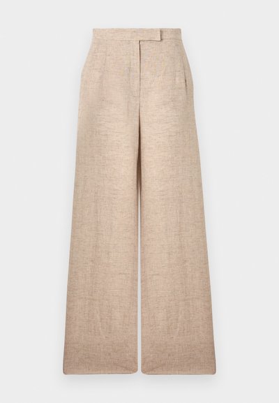 Μπεζ παντελόνι με φαρδιά μπατζάκια και ψηλή μέση, με διακριτικές πτυχώσεις μπροστά και κρυφό μπροστινό κούμπωμα.