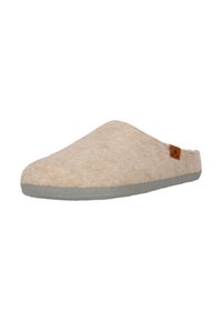 Beige filt toffel med grå gummisula och en liten brun logotyp-patch. Enkel, rundad form med mjuk textur.