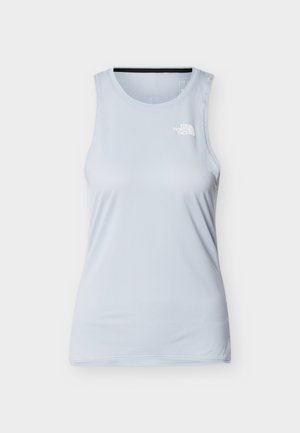 Lyseblåt ærmeløst atletisk top med rund hals og lille hvidt The North Face-logo på venstre bryst.