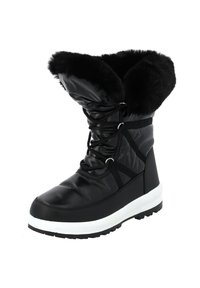 Botín de invierno negro con suela blanca, forro de piel en la parte superior, detalles cosidos y cordones en la parte frontal para un ajuste seguro.