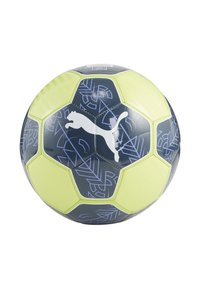 Puma futbolo kamuolys juodos ir neoninės geltonos spalvų, su šešiakampėmis panelėmis, turinčiomis geometrinį raštą, ir ryškiai matomu balto Puma logotipu.