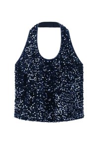 Námornícka modrá halter top vyrobená z flitrovaného materiálu, s výstrihom do tvaru lode a priliehavým strihom, s hladkou, lesklou textúrou.