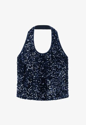 Top halter bleu marin realizat din material cu paiete, având un decolteu rotund și o siluetă ajustată, cu o textură netedă și reflectorizantă.