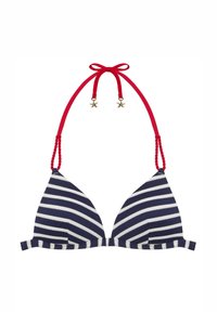 Triangular bikini top featuring navy and white stripes. Red braided straps with starfish hardware accents. Textured fabric design.