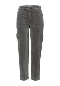 Jasnoszare spodnie cargo wykonane z mieszanki bawełny, posiadają liczne kieszenie, zapięcie na guziki oraz proste nogawki z lekko zwężanym wykończeniem.