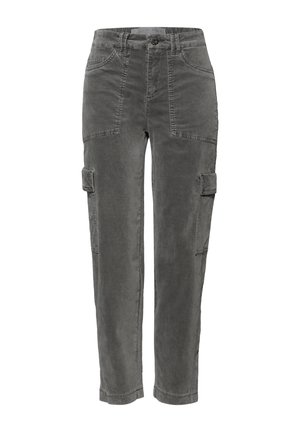 Jasnoszare spodnie cargo wykonane z mieszanki bawełny, posiadają liczne kieszenie, zapięcie na guziki oraz proste nogawki z lekko zwężanym wykończeniem.