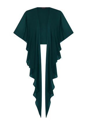 Dunkelgrüner, offen geschnittener Cardigan mit breiten, kurzen Ärmeln und langen, gerafften, herabfallenden Vorderteilen.