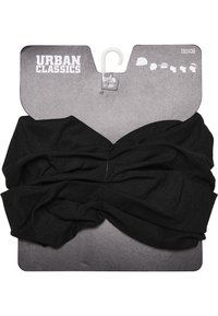 Svart stoffhodebånd med vridd design, vist på en grå bakgrunn med en krok for oppheng. Merkelapper indikerer merke "Urban Classics."