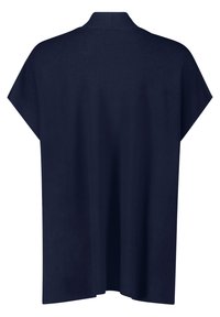 Marinblå kortärmad topp med hög nacke och lös, flödande form. Slät stickad struktur, inga synliga mönster eller detaljer.