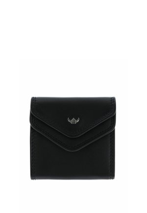 Portefeuille en cuir noir avec fermeture à rabat et petit emblème de casque viking argenté au centre avant.