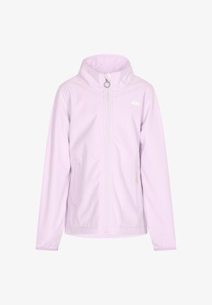 Világoslila softshell dzseki magas gallérral, elülső cipzárral, két oldalsó zsebből és egy kis fehér logóból a mellkason.