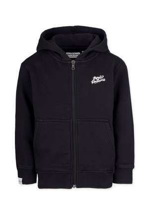 Sort zip-up hoodie lavet af blødt stof, med et logo foran, to lommer, ribbede manchetter og hætte. Simpelt og funktionelt design.