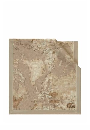 Pañuelo cuadrado con estampado de mapa vintage que muestra Europa, Groenlandia y partes de África en tonos beige y marrón.