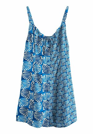 Blue sleeveless dress with two shell print patterns, one large and one small, featuring adjustable tie at the neckline.