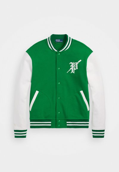 Green varsity jacket with white sleeves, green ribbed collar, and pockets. Features white "P" logo and striped cuffs and hem.