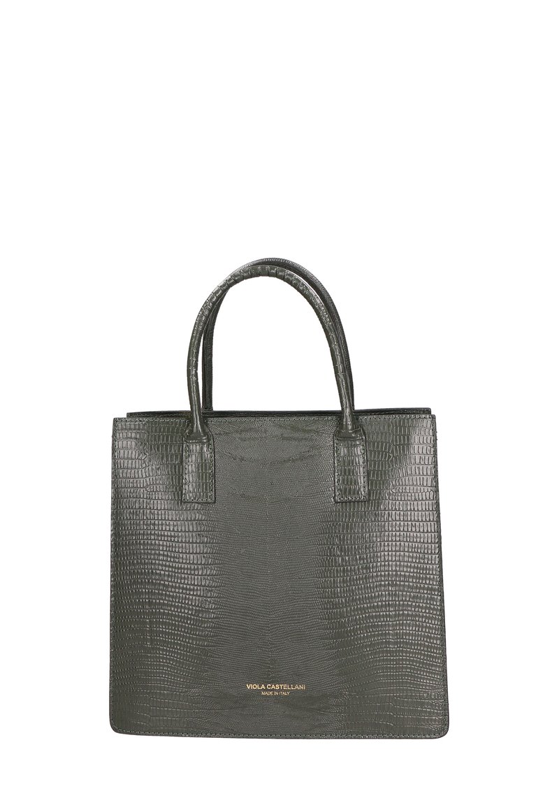 Donkergroene handtas van geembossed leer, met twee korte handvatten, een gestructureerde rechthoekige vorm en een gouden merkdetail aan de voorkant.