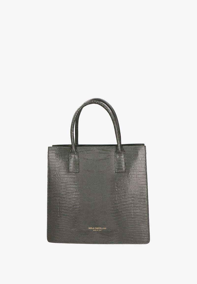 Donkergroene handtas van geembossed leer, met twee korte handvatten, een gestructureerde rechthoekige vorm en een gouden merkdetail aan de voorkant.