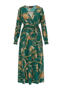 Vestido verde de manga larga con diseño cruzado, que presenta patrones dorados de flores y cadenas, cintura con cinturón y puños elásticos.