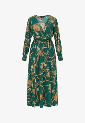 Vihreä, pitkähihainen mekko kietaisumallisena, jossa on kultaiset kukka- ja ketjuaiheiset kuviot, vyötäröllä vyö ja joustavat hihansuut.