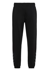 Pantalones deportivos negros fabricados con una tela suave, con una cinturilla elástica, corte ajustado y tres franjas horizontales en el costado.
