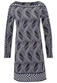 Robe marine avec un motif ondulé blanc, décolleté bardot, manches longues et accents à carreaux sur l'ourlet et les manches. Tissu extensible.