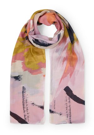 Lekka chusta z abstrakcyjnymi wzorami w odcieniach różu, musztardy, pomarańczu, czerni i bieli, oznaczona marką "Tom Tailor" przy krawędzi.