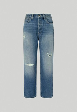 Blauwe denim jeans met een relaxte pasvorm, voorzien van versleten plekken en een rechte pijp. Klassiek vijfzakkenontwerp met een knoopsluiting.