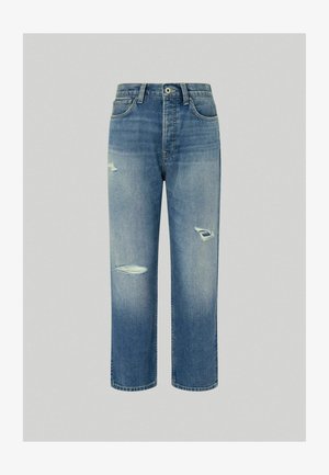 Blauwe denim jeans met een relaxte pasvorm, voorzien van versleten plekken en een rechte pijp. Klassiek vijfzakkenontwerp met een knoopsluiting.