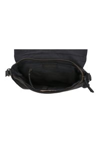 Sac bandoulière noir avec une fermeture zippée, présentant un extérieur semblable à de la toile et une doublure en tissu. L'intérieur comprend une poche zippée.