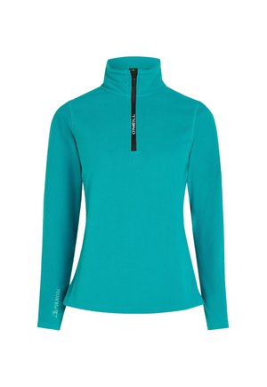 Turkusowy polarowy pulower z półkurtką z przodu, wysokim kołnierzem i długimi rękawami. Posiada logo "Polartec" na rękawie. Prosty design.