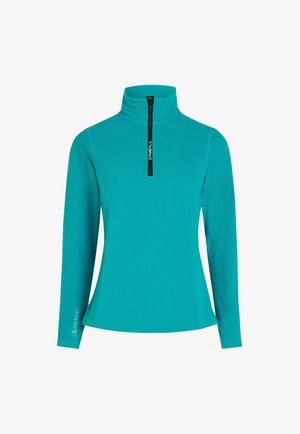 Turkuza fleeces pulovers ar pus-zipa priekšu, augstu apkakli un garām piedurknēm. Piedāvā "Polartec" logotipu uz piedurknes. Vienkāršs dizains.