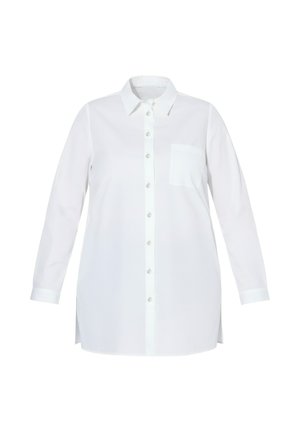 Langes weißes Hemd mit langen Ärmeln, einem Kragen, Brusttasche und seitlichen Schlitzen am Saum.