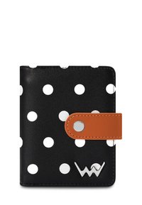 Black wallet featuring white polka dots, brown snap closure, and silver logo detail. Made of smooth synthetic material.