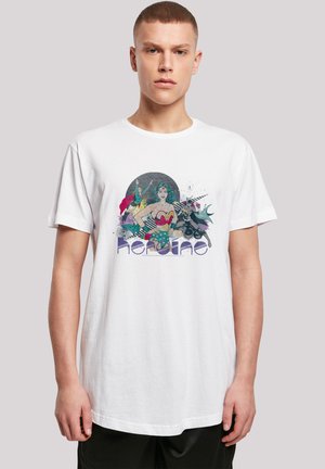 White cotton t-shirt featuring a colorful graphic print of a female superhero with bold outlines and the word "Heroine" in stylized text.