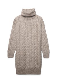 Maglione beige lavorato a maglia con colletto alto a scollo, con motivi a treccia testurizzati, maniche lunghe e vestibilità rilassata, che si estende fino a metà coscia.