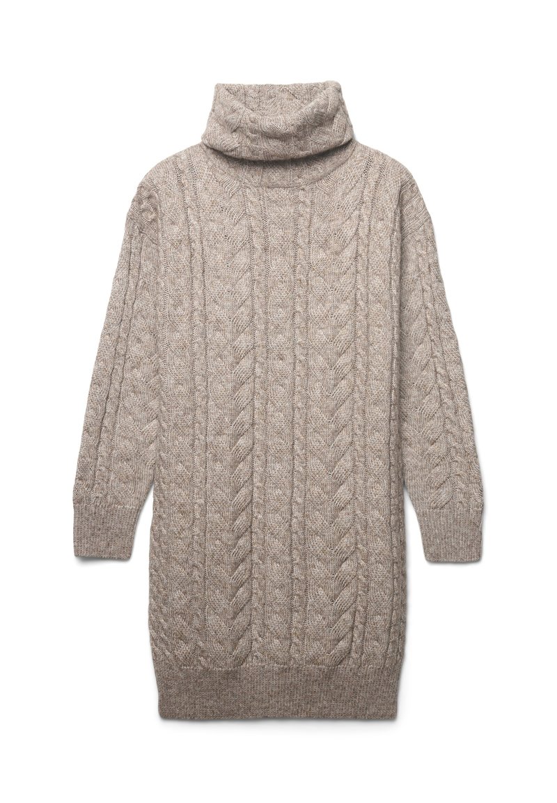 Maglione beige lavorato a maglia con colletto alto a scollo, con motivi a treccia testurizzati, maniche lunghe e vestibilità rilassata, che si estende fino a metà coscia.