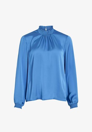 Niebieska satynowa bluzka z wysokim, marszczonym dekoltem, długimi rękawami i elastycznymi mankietami. Gładka struktura i luźny krój, odpowiednia do codziennego użytku.